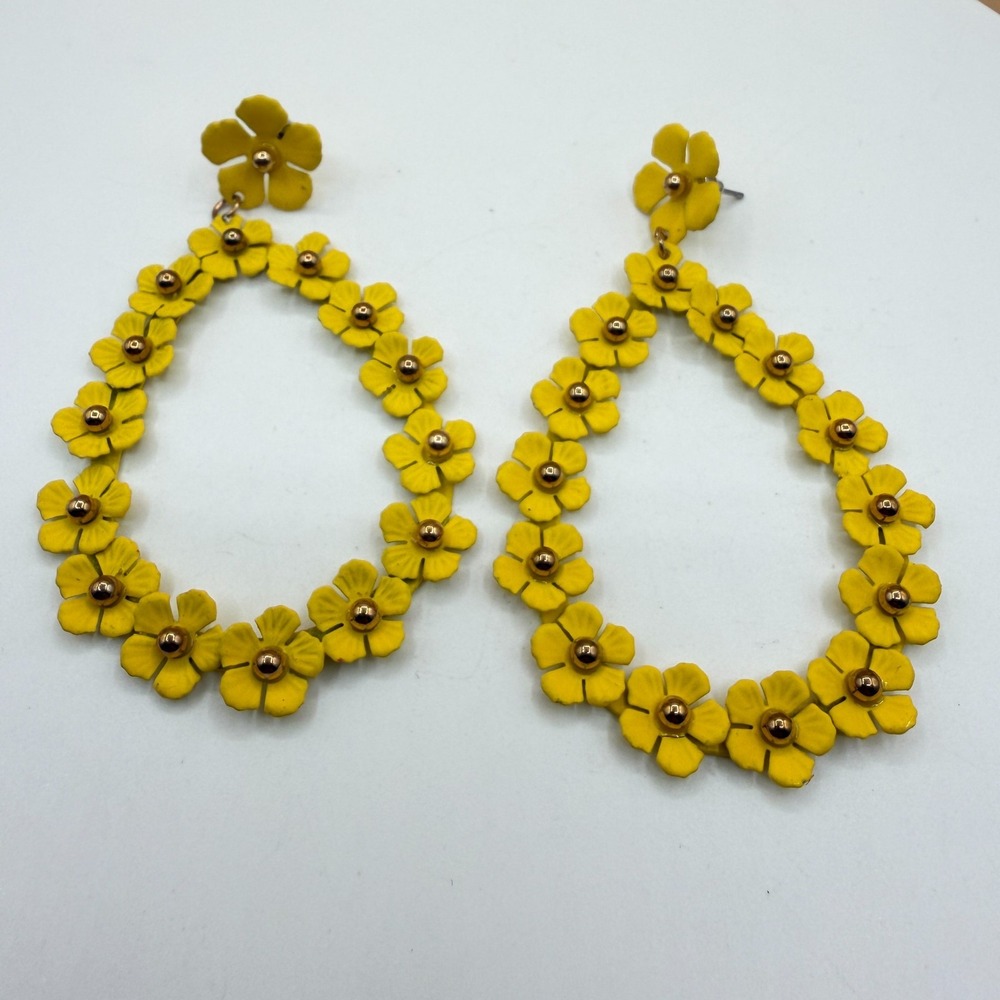 Yellow Floral Hoop Drop Earrings Gold Tone Daisy Statement Cottagecore Gift